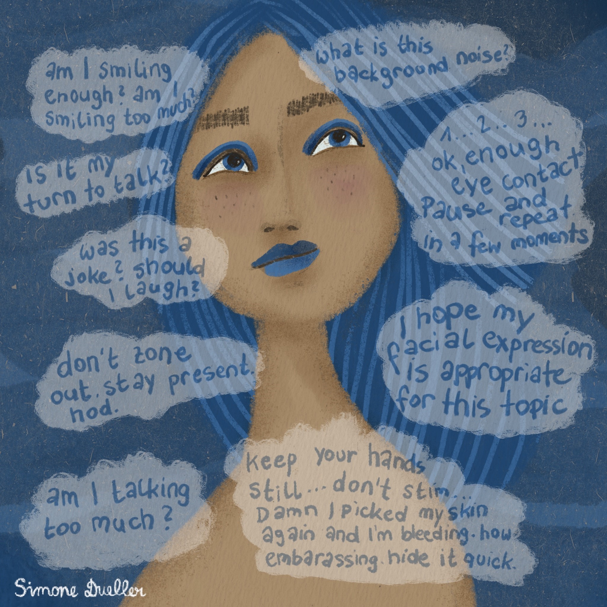 Zeichnung von Simone Dueller - Frau mit Sprechblasen